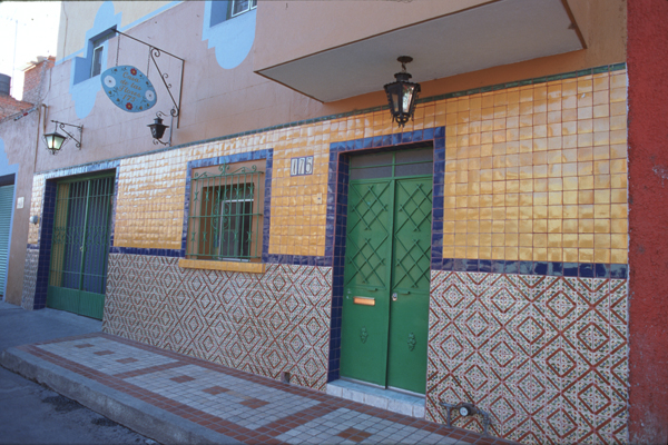 The front door of Guadalajara Hotel Casa de las Flores Bed and Breakfast in Tlaquepaque, Jalisco, Mexico, the folk art capital of Mexico