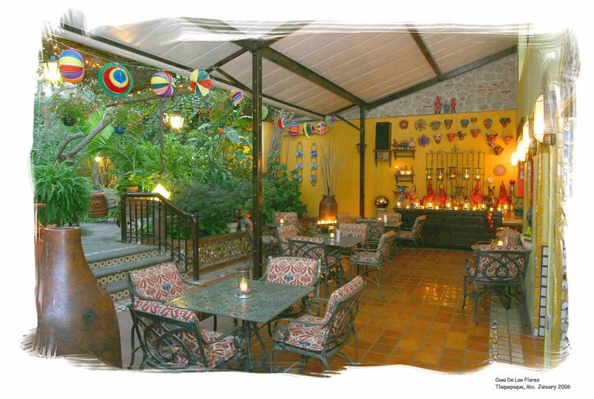 Candlelit patio inside Casa de las Flores Bed and Breakfast Hotel in Tlaquepaque, Jalisco, Mexico, near Guadalajara